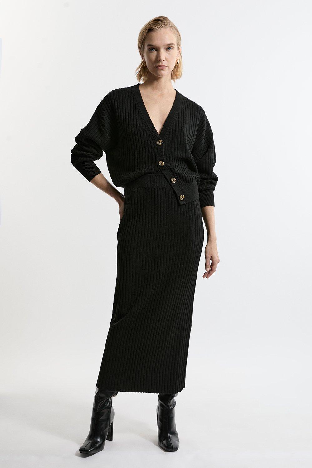 Black Wool Blend Rib Knit Maxi Skirt