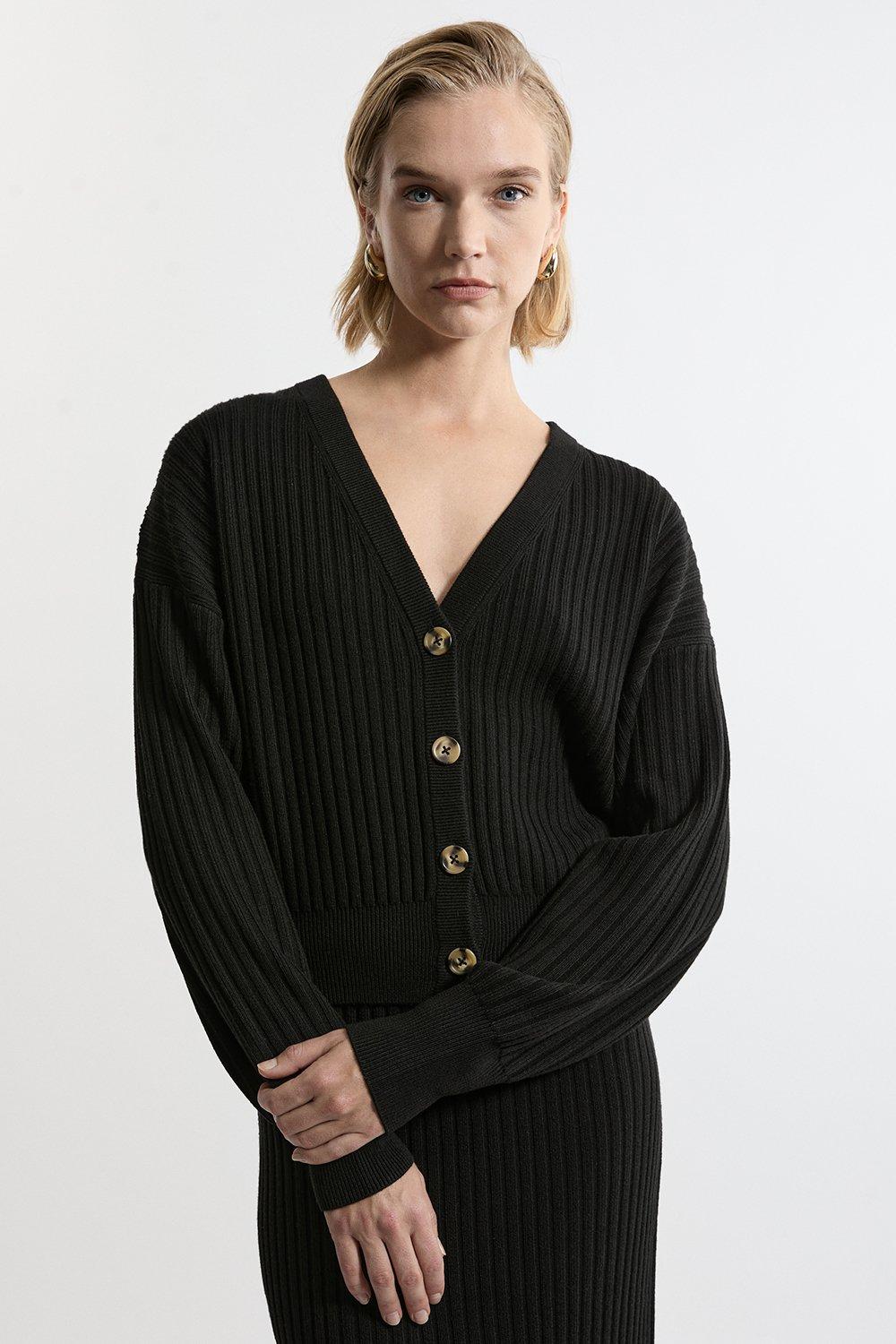 Black Wool Blend V Neck Ribbed Knit Cardi