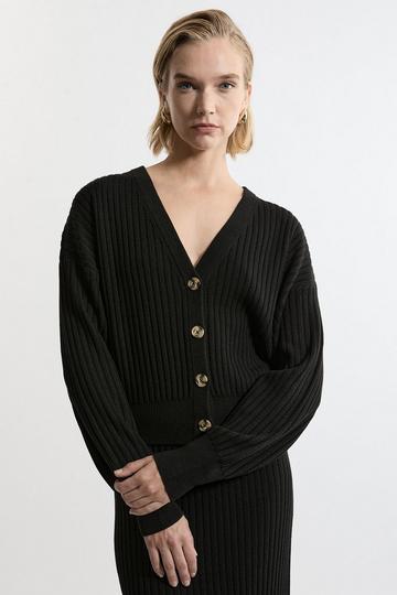 Wool Blend V Neck Ribbed Knit Cardi black