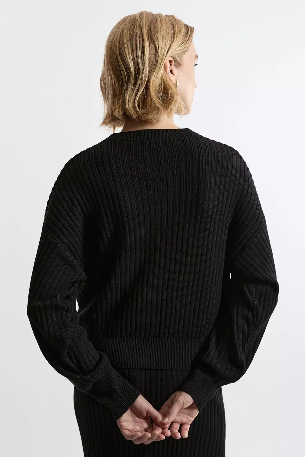 Wool Blend V Neck Ribbed Knit Cardi | Karen Millen