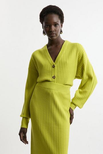 Wool Blend V Neck Ribbed Knit Cardi lime