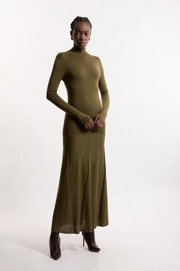 Wool Tencel Full Skirted Maxi Knit Dress olive