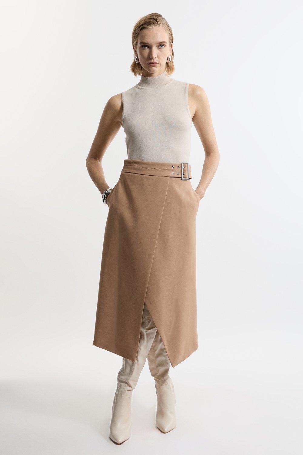 Camel Compact Stretch Wrap Over Belted Tailored Maxi Skirt