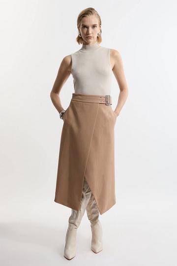 Compact Stretch Wrap Over Belted Tailored Maxi Skirt camel