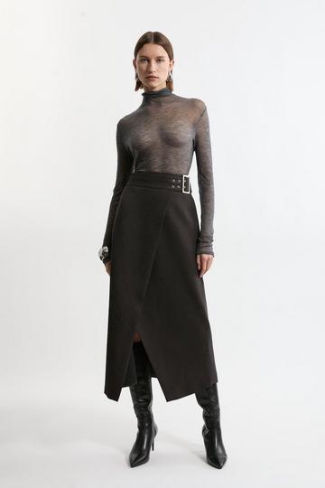 Flannel Wrap Over Belted Tailored Maxi Skirt grey