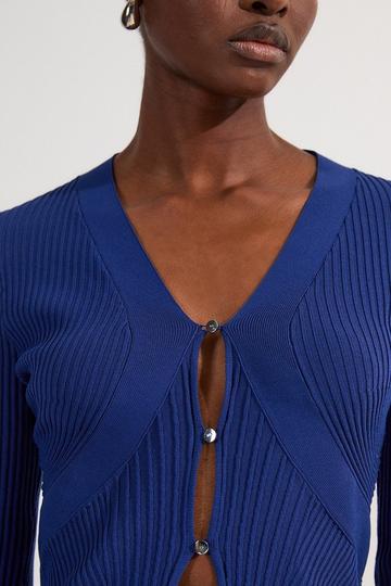 Viscose Blend Curve Rib Detail Knit Cardi blue