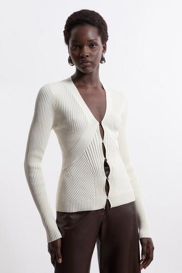 Viscose Blend Curve Rib Detail Knit Cardi cream