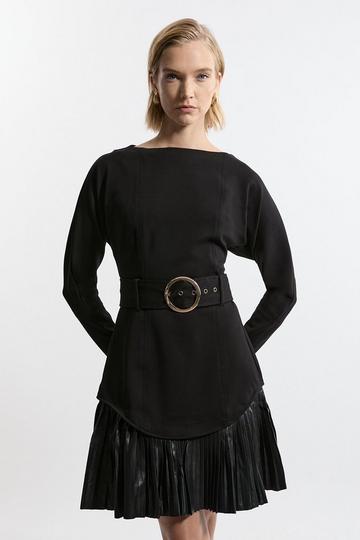 Belted Ponte Jersey Frill Hem Mini Dress black