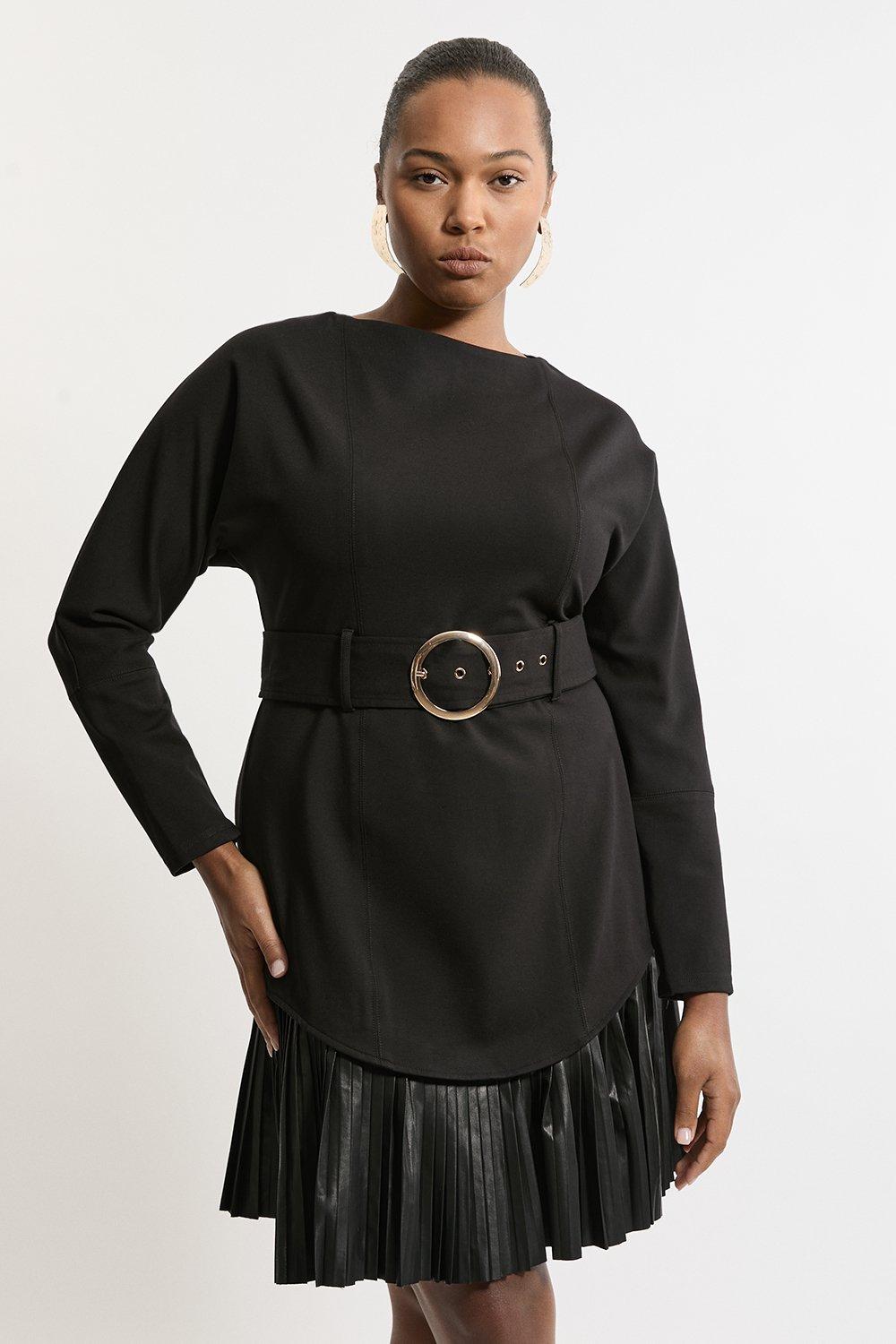 Plus Size Belted Faux Leather And Ponte Jersey Frill Hem Mini Dress - Discount £42