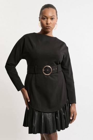 Plus Belted Pu And Ponte Jersey Frill Hem Mini Dress black