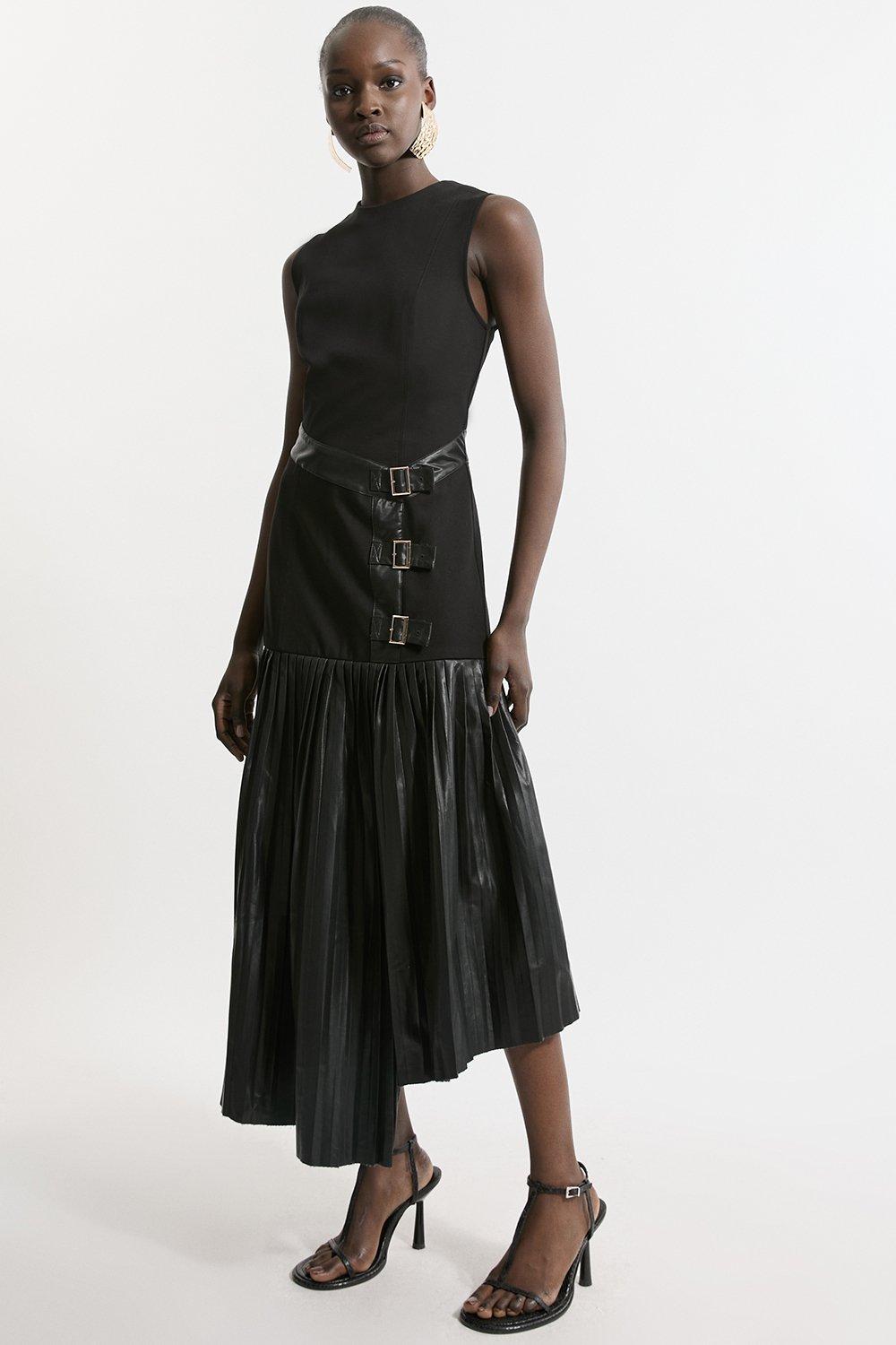 Pu And Ponte Sleeveless Pleated Skirt Maxi Dress - Discount £42