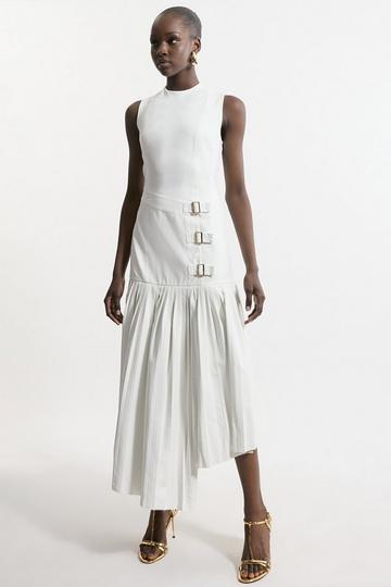 Pu And Ponte Sleeveless Pleated Skirt Maxi Dress ivory