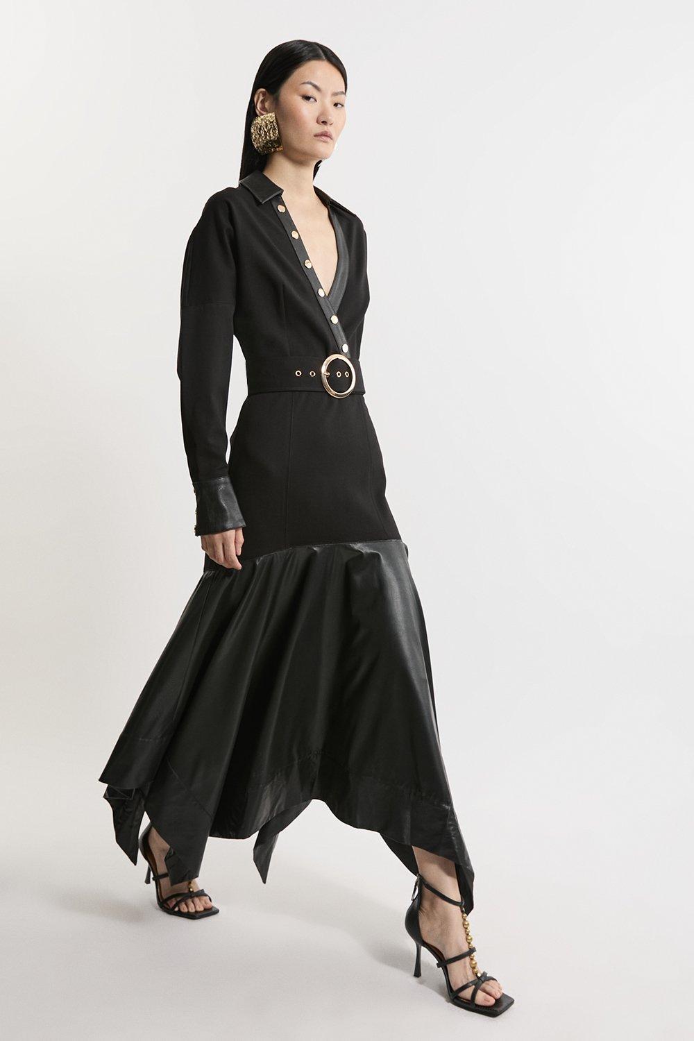 Belted Faux Leather And Ponte Jersey Frill Hem Maxi Dress