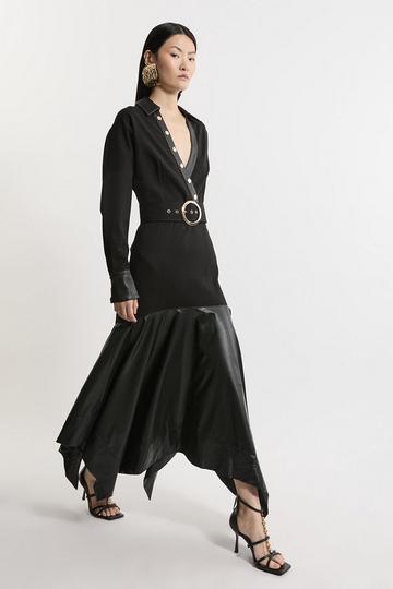 Black Belted Pu And Ponte Jersey Frill Hem Midi Dress