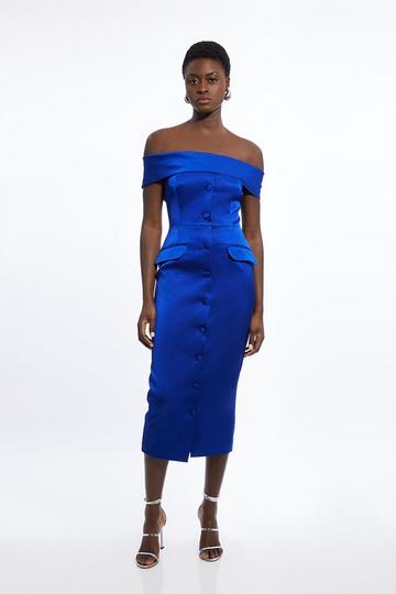 Petite Italian Structured Rib Bardot Button Through Tailored Midi Dress cobalt