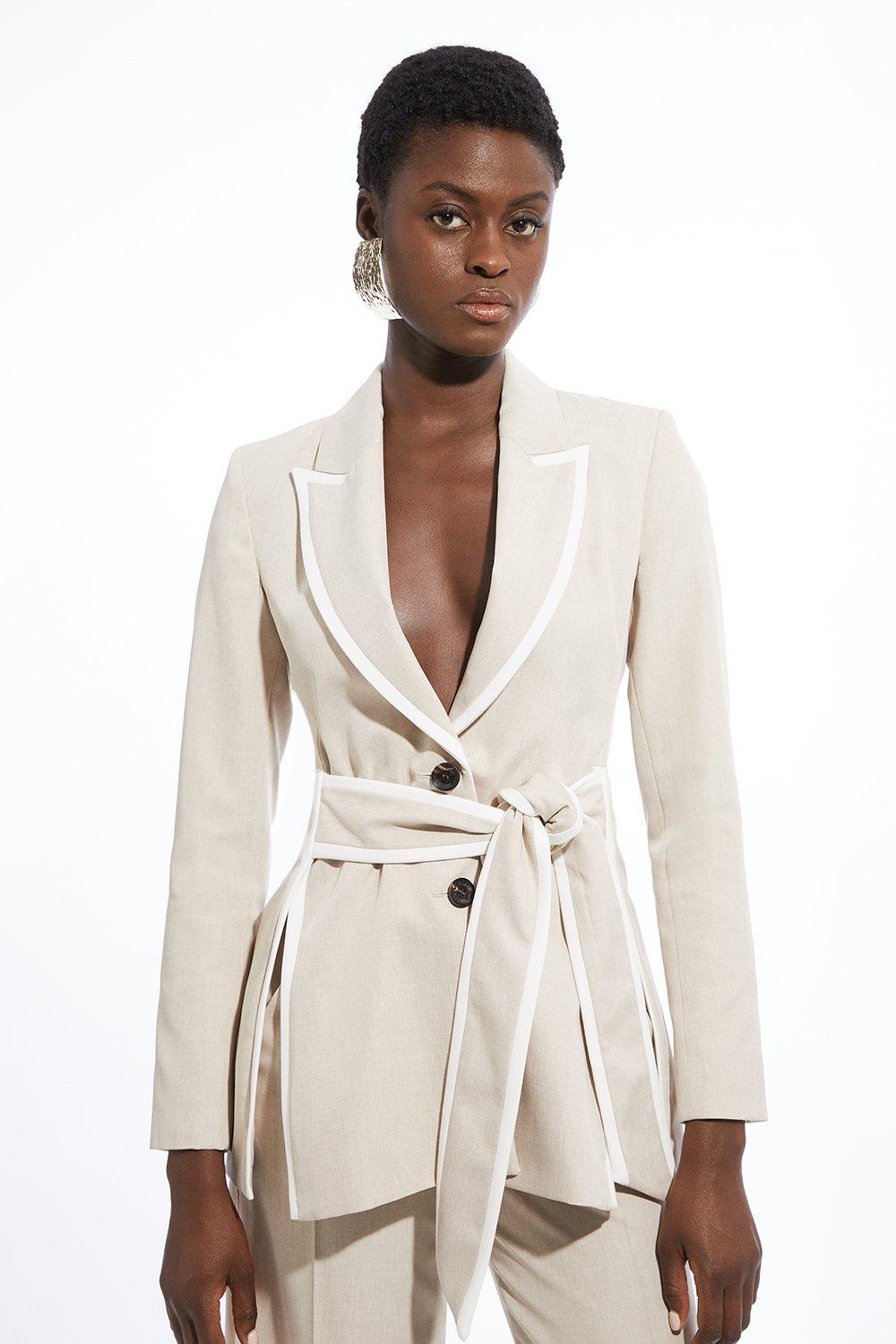 Natural Tailored Belted Tipped Detail Blazer