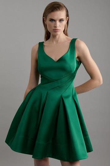 Green Structured Viscose Satin Tailored Prom Mini Dress