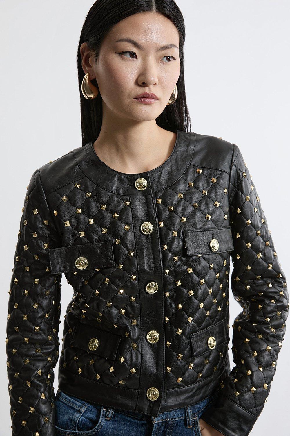 Leather Studded Quilted Trophy Jacket - Discount £165