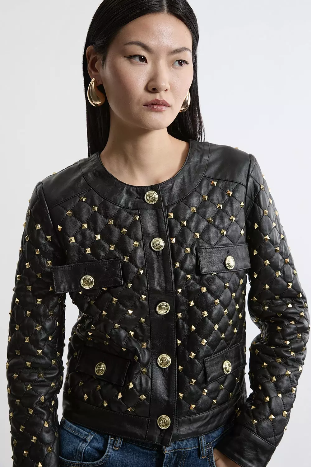 Leather Studded Quilted Trophy Jacket Karen Millen