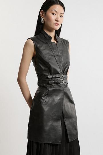 Leather Notch Neck Sleeveless Jacket