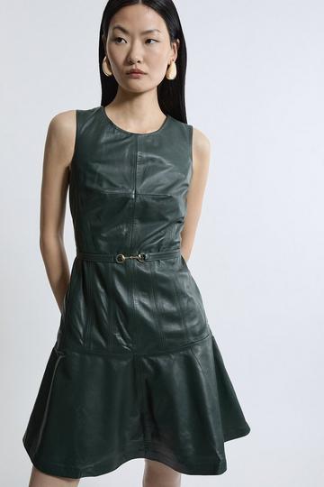 Green Leather Fit And Flare Mini Dress