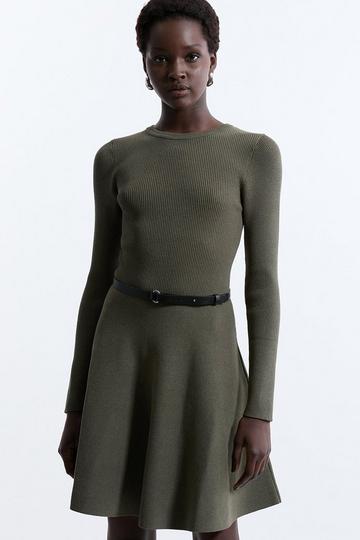 Viscose Blend Crew Neck Knitted Skater Dress khaki