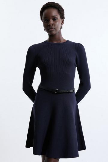 Viscose Blend Crew Neck Knitted Skater Dress navy