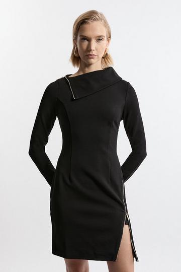 Black Ponte Zip Neck Mini Dress