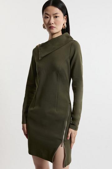 Ponte Zip Neck Mini Dress khaki