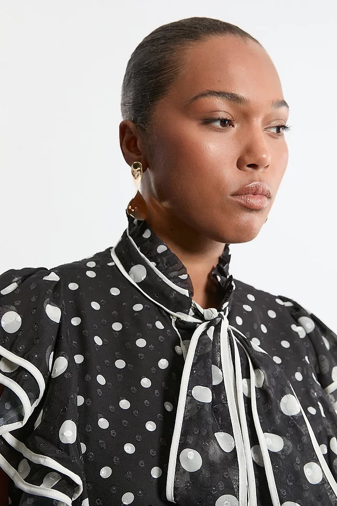Plus Size Printed Dobby Neck Tie Ruffle Blouse | Karen Millen Plus Size Printed Dobby Neck Tie Ruffle Blouse | Karen Millen