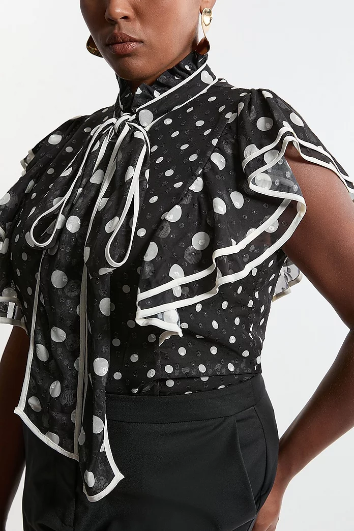 Plus Size Printed Dobby Neck Tie Ruffle Blouse | Karen Millen Plus Size Printed Dobby Neck Tie Ruffle Blouse | Karen Millen
