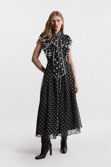 Petite Printed Dobby Ruffle Midi Dress mono