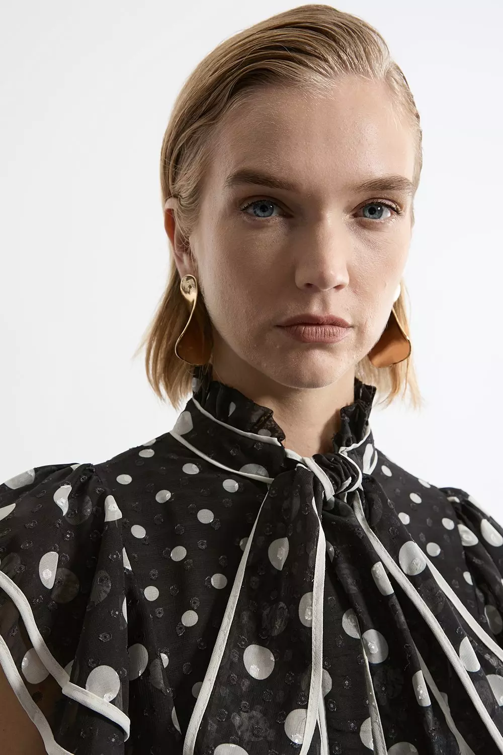 Printed Dobby Neck Tie Ruffle Blouse | Karen Millen