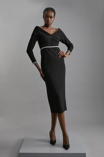 Black Figure Form Diamante Trim And Power Mesh Midi Dress