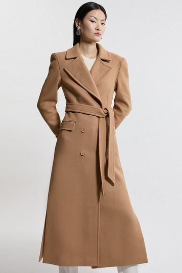 Italian Wool Double Breasted Longline Tailored Midi Coat camel