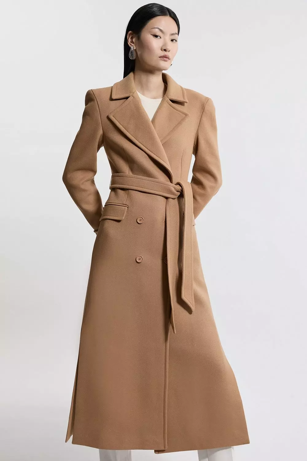 Camel Italian Wool Double Breasted Longline Tailored Midi Coat  alternative image