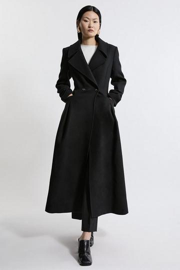 Black Italian Manteco Wool Blend Tailored Flared Skirt Midaxi Coat