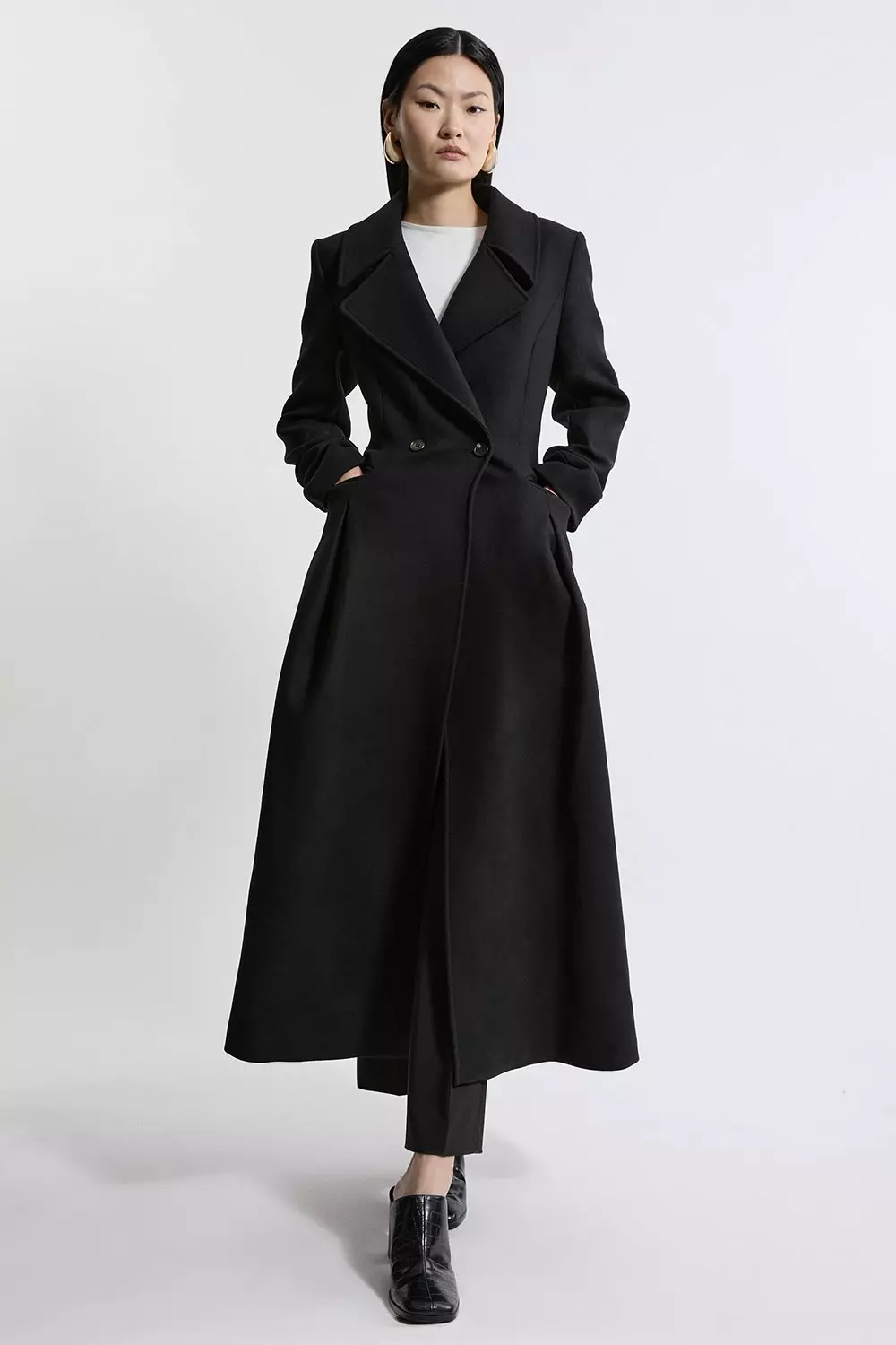 Flared skirt coat with belt best sale