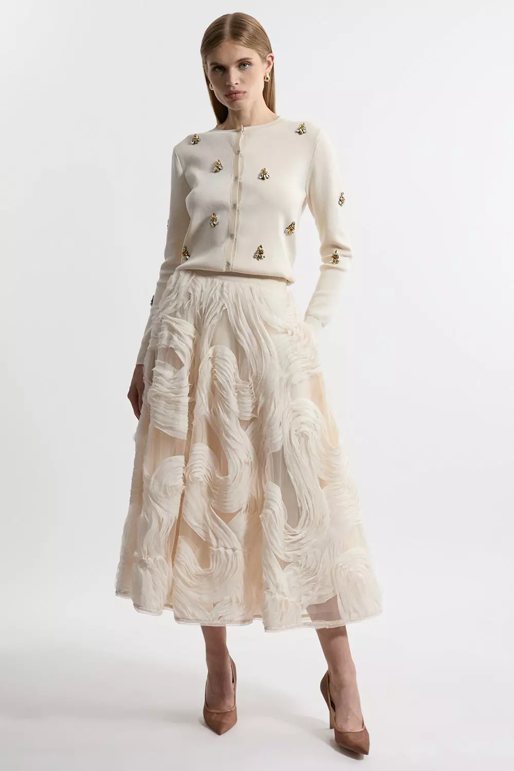 Cream Lydia Millen Textured Ruffle Midaxi Woven Prom Skirt alternative image