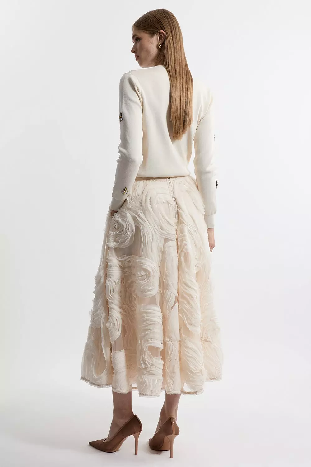 Cream Lydia Millen Textured Ruffle Midaxi Woven Prom Skirt alternative image