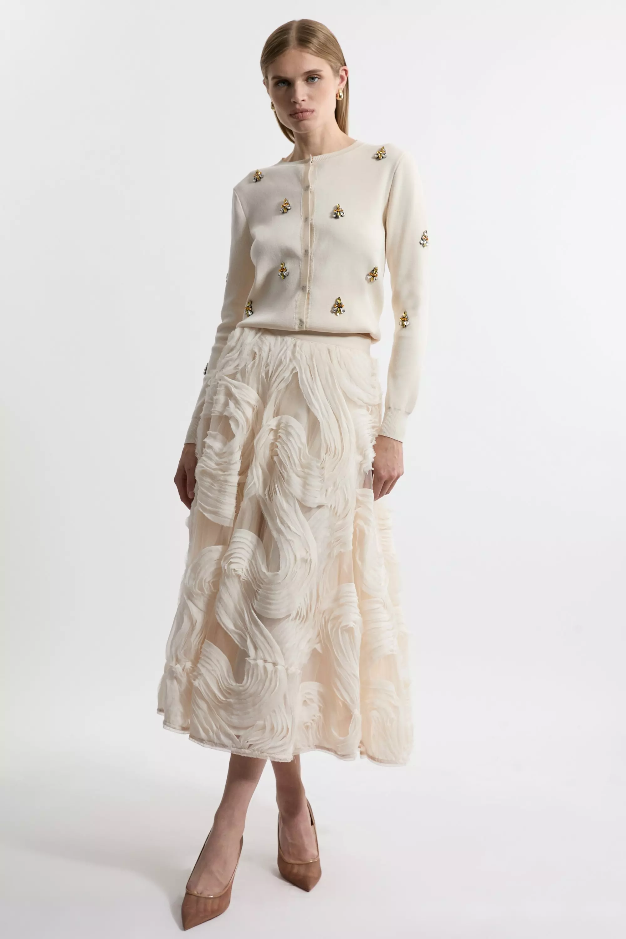 Cream Lydia Millen Tall Textured Ruffle Midaxi Woven Prom Skirt alternative image