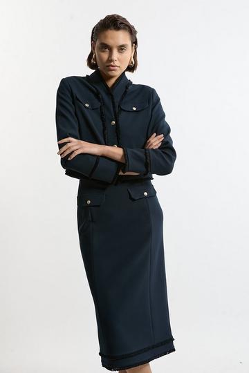 Compact Stretch Tweed Tailored Maxi Skirt navy