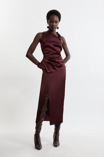 Italian Satin Asymmetrical Tailored Fitted Midaxi Dress merlot