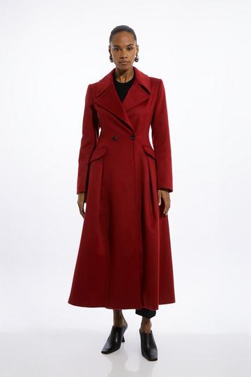 Red Italian Manteco Wool Blend Tailored Flared Skirt Midaxi Coat