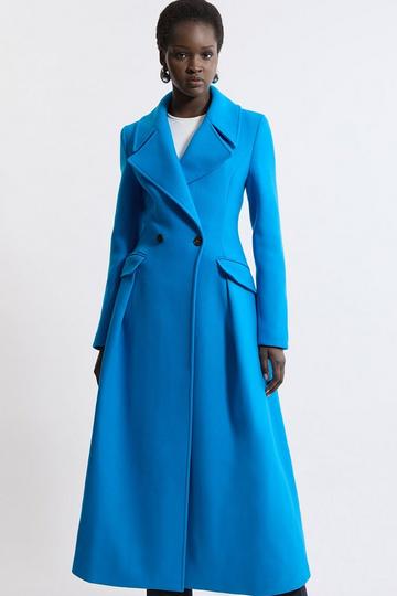 Italian Manteco Wool Blend Tailored Flared Skirt Midaxi Coat cobalt