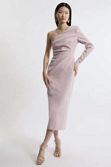 Stretch Crepe Tailored One Shoulder Ruched Waist Midi Dress mink