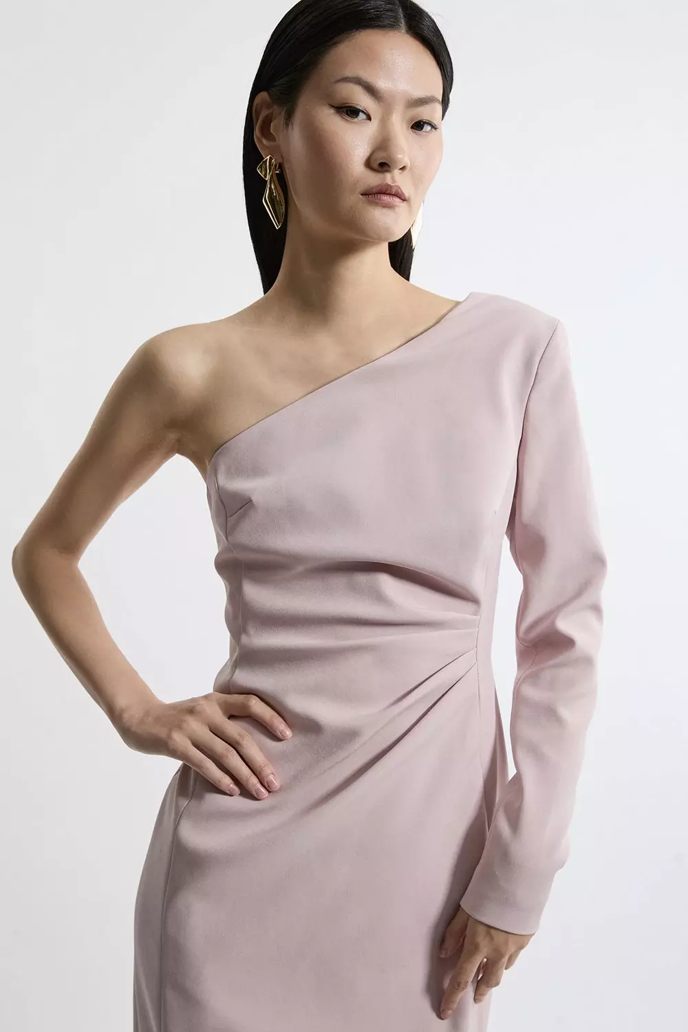 Stretch Crepe Tailored One Shoulder Ruched Waist Midi Dress alternative image