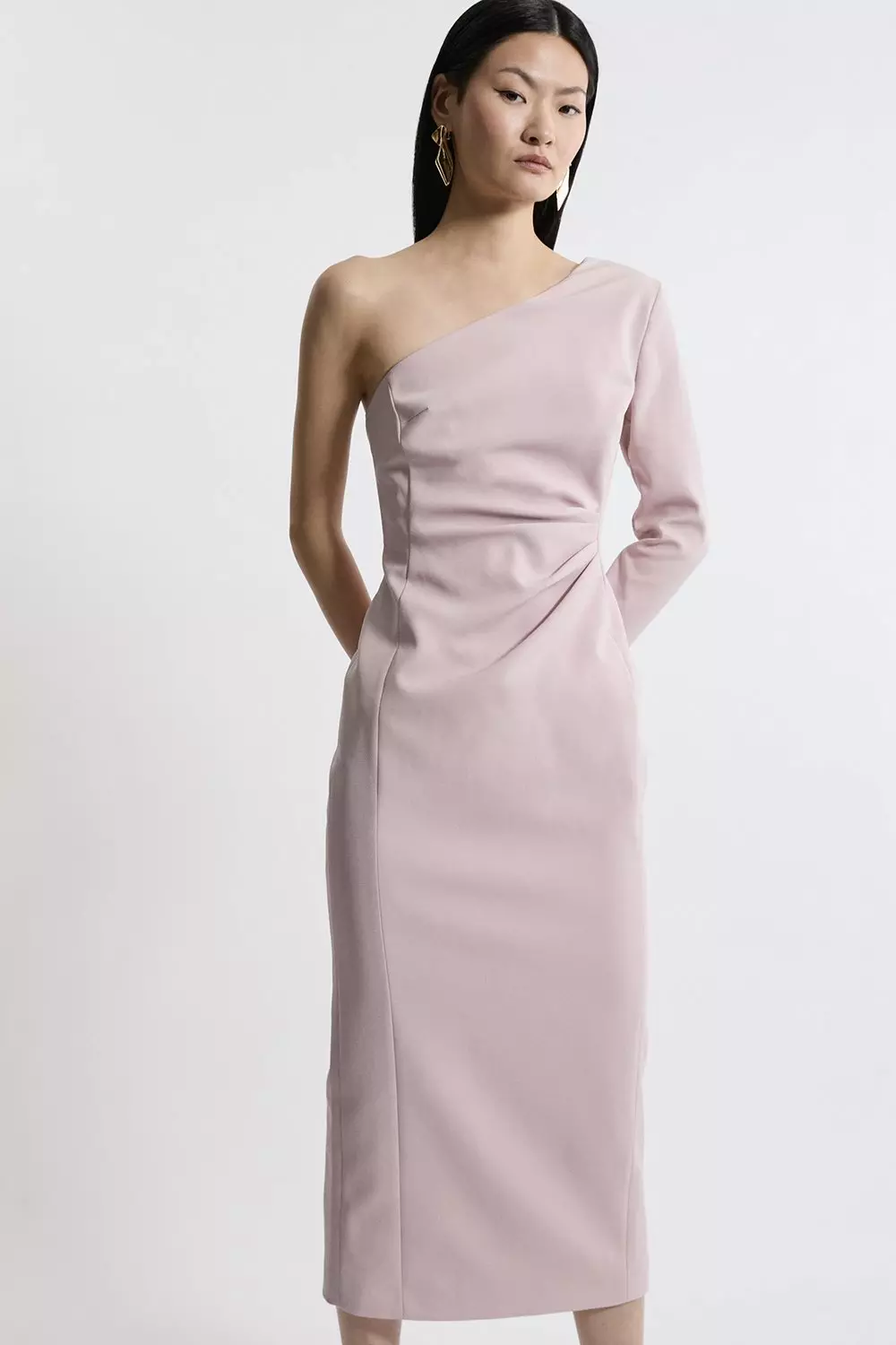 Stretch Crepe Tailored One Shoulder Ruched Waist Midi Dress alternative image