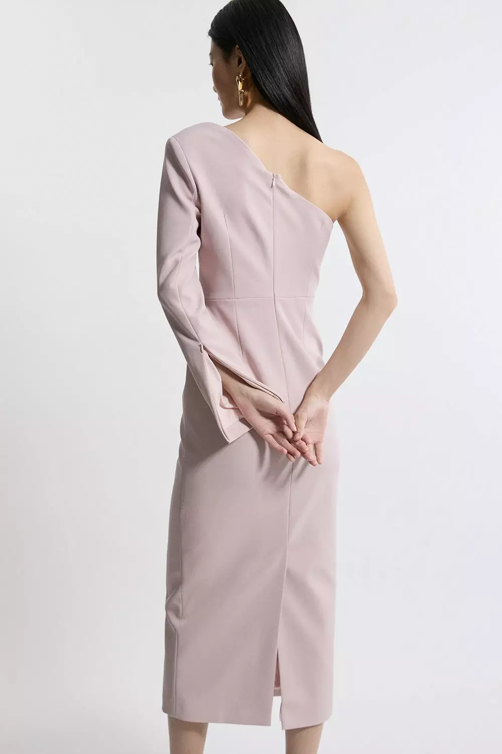Stretch Crepe Tailored One Shoulder Ruched Waist Midi Dress alternative image