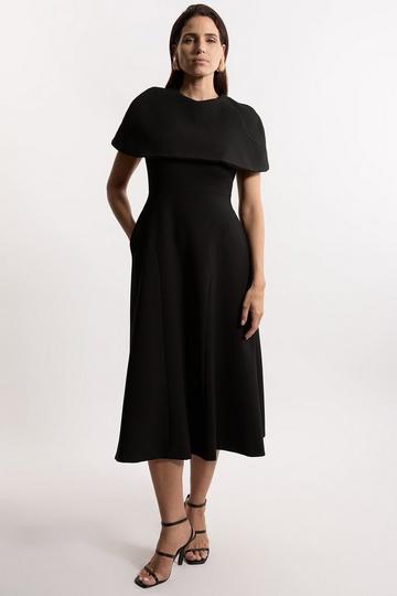 Compact Stretch Cape Sleeve Full Skirt Tailored Midaxi Dress black